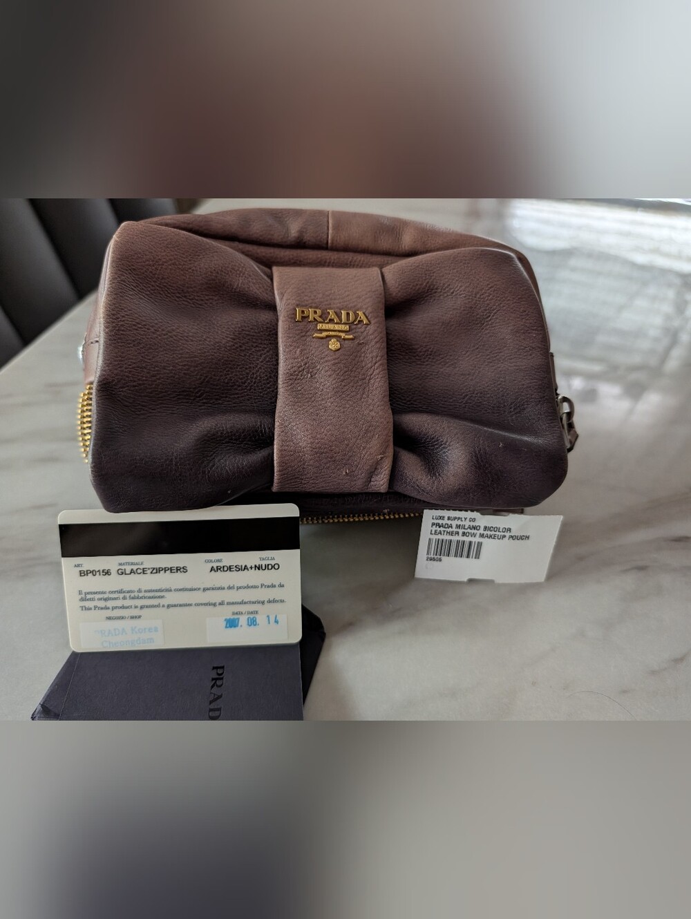 Prada Brown Leather Bow Bag Clutch Purse With Original Product Card